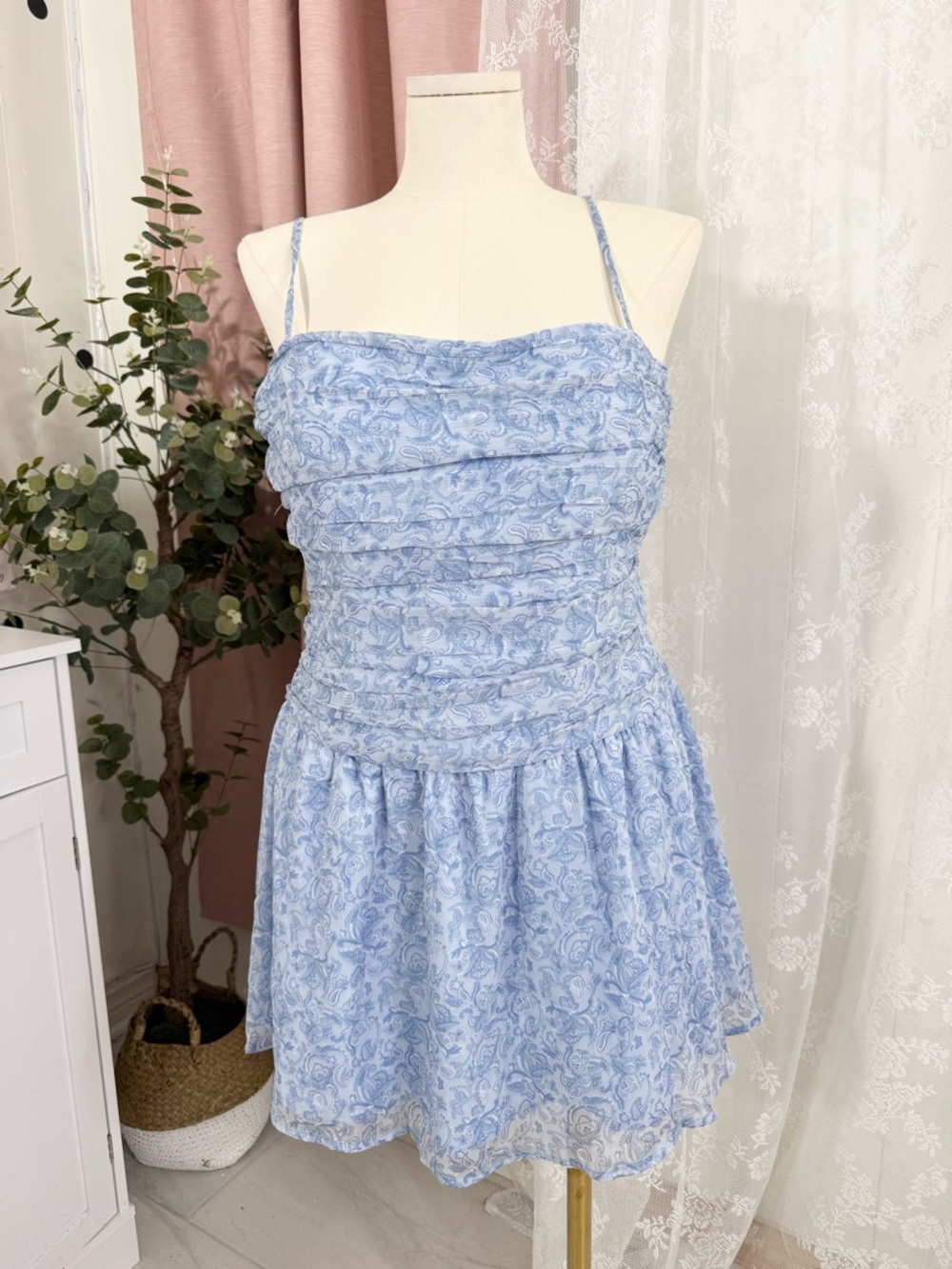Hollister Light Blue Paisley Ruched romper BIN#11